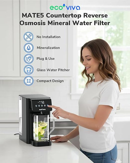 Ecoviva MATE5 Countertop Reverse Osmosis Water Filter, 8-Stage RO Water Filter Purifier, Meet NSF/ANSI 58 Standard, Installation-Free, Portable Water Dispenser for Home & Kitchen & RV, Green Tag