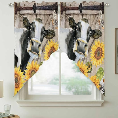 Retro Farmhouse Flower Swag Valances for Windows, Yellow Sunflowers Cow Barn Doors Brown Rod Pocket Kitchen Curtains Valance, Kitchen Window Curtains Swag for Cafe Living Room, 2 Panels, 36x63 inch