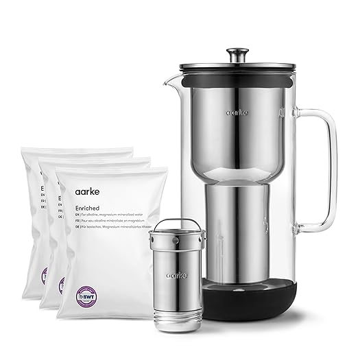 Aarke Purifier Regular 1.18L Glass Pitcher Bundle w/Steel Filter, BPA-Free, 3 Enriched + 1 Pure Granules - Filters & Adds Minerals