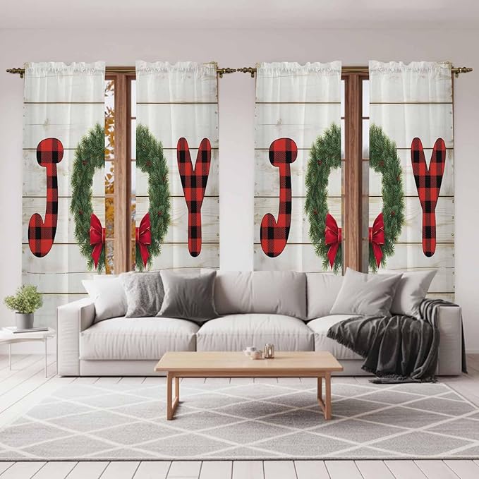 Christmas Wreaths Window Curtains 72 Inch Long 2 Panel Set,Rod Pocket Long Curtains & Drapes,Winter Bow Plaid Farmhouse Wooden Grain Window Treatment for Bedroom Living Room 52"W x 72"L
