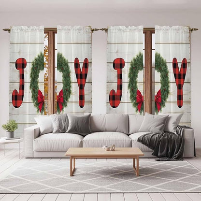 Christmas Wreaths Window Curtains 72 Inch Long 2 Panel Set,Rod Pocket Long Curtains & Drapes,Winter Bow Plaid Farmhouse Wooden Grain Window Treatment for Bedroom Living Room 52"W x 72"L