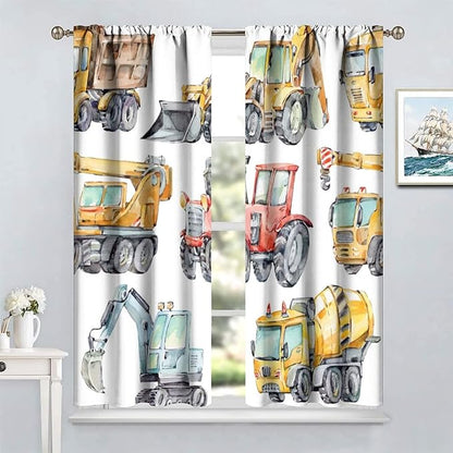 Kids Excavator Curtains, Retro Truck Tractor Machinery Construction Vehicle Crane Digger Mixer Rod Pocket Decorative Windows Curtain for Teens Girls Boys Room 63x63in (30% Blackout)