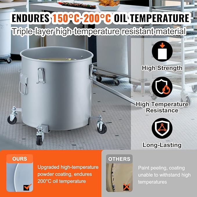 VEVOR Fryer Grease Bucket, 16 Gal Oil Disposal Caddy with Caster Base, Carbon Steel Rust-Proof Coating, Oil Transport Container with Lid, Lock Clips, Filter Bag for Hot Cooking Oil Filtering