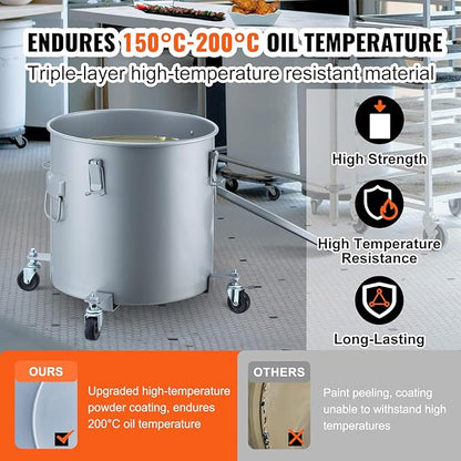 VEVOR Fryer Grease Bucket, 16 Gal Oil Disposal Caddy with Caster Base, Carbon Steel Rust-Proof Coating, Oil Transport Container with Lid, Lock Clips, Filter Bag for Hot Cooking Oil Filtering