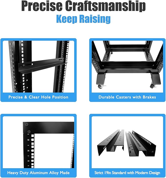 Raising Electronics Server Rack Open Frame Rack 4 Post 19 inch Adjustable Server/Audio Rack Cold Rolled Steel(42U,17Depth)