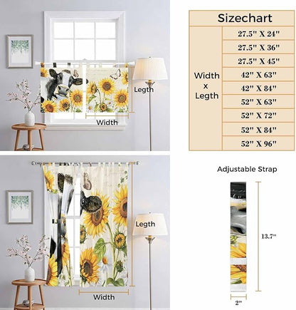 Yellow Sunflowers Living Room Curtains 84 Inch Length, Window Curtains Tab Top, Country Cow Flower Butterfly Farmhouse Cream Light Filtering Window Treatments Drapes 42"x84" 2 Panel