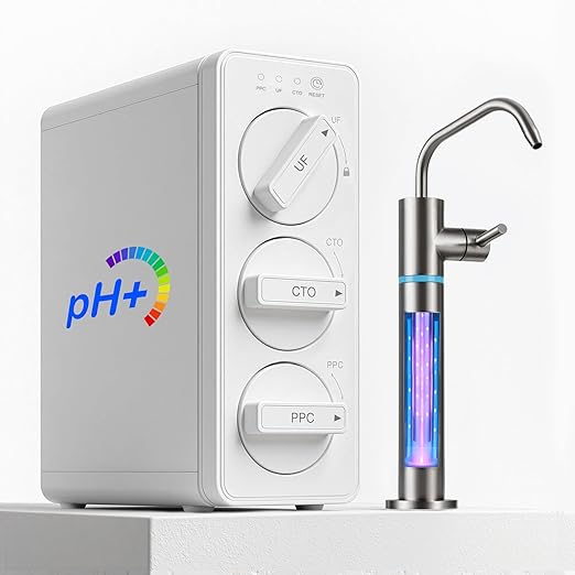 LCF 0.01μm Ultra-Filtration Under Sink Water Filter System, 3-Stage Alkaline Mineral pH+ Water Purifier, LED UV-C Ultrąviolët SUS304 Faucet, Reduces up to 99.9% of Baçtёria, Bad Taste & Chlorine