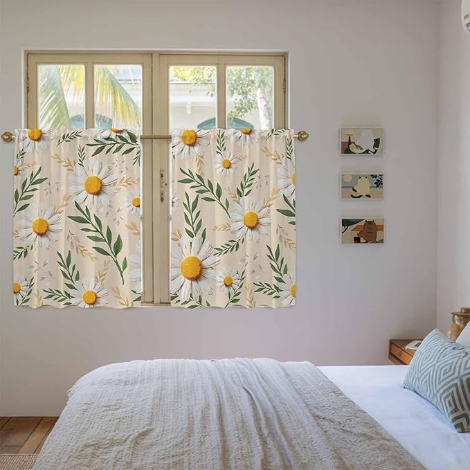 Spring Daisy Kitchen Curtains, Country Watercolor Flower Leaf Plant Light Filtering Window Curtain Panels, 2Pcs Rod Pocket Window Treatments Set for Study Room Bathroom Bedroom 52x54 Inches