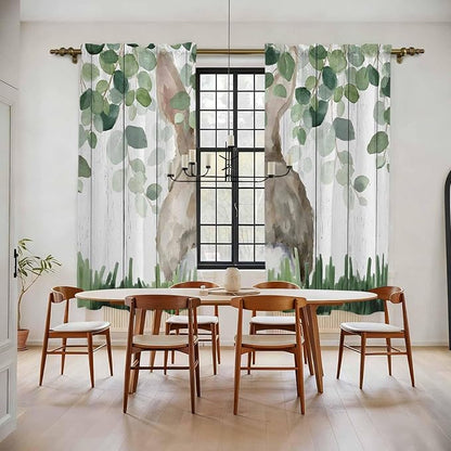 Easter Kitchen Curtains, Country Rabbit Botanical Leaves Wooden Grain Light Filtering Window Curtain Panels, 2Pcs Rod Pocket Window Treatments Set for Living Room Bathroom Bedroom 52x72 Inches