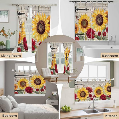 Red Yellow Sunflowers Bathroom Curtains 63 Inch Length, Window Curtains Tab Top, Retro Rustic Barn Doors Butterfly Brown Light Filtering Window Treatments Drapes 52"x63" 2 Panel