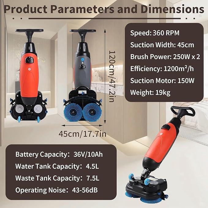 Rechargeable Floor Cleaner and Wet Dry Floor Machine, 17" Commercial Floor Scrubber, Dual-Brush Heads, Cordless Electric Floor Mop Cleaning Capacity 13000 Sqft/H, for Villa Hospital Office Red