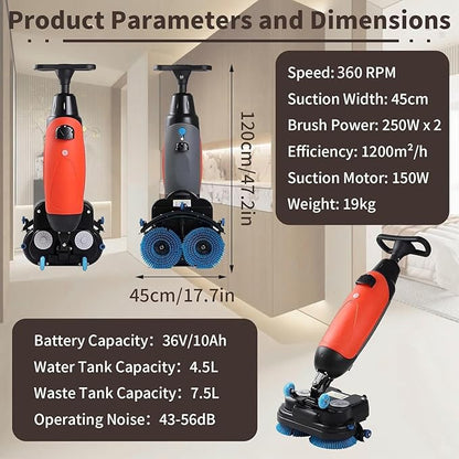 Rechargeable Floor Cleaner and Wet Dry Floor Machine, 17" Commercial Floor Scrubber, Dual-Brush Heads, Cordless Electric Floor Mop Cleaning Capacity 13000 Sqft/H, for Villa Hospital Office Gray