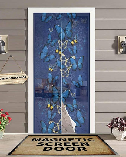 Screen Door 38"x83" Blue Butterfly Door Screen Magnetic Closure, Yellow Navy Blue Butterfly Art Hands Free Magnetic Screen Door for Single/Sliding/Front Door