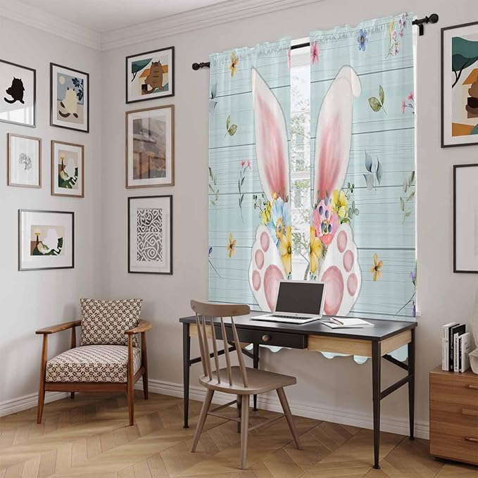 Easter Window Curtains 72 Inch Long 2 Panel Set, Rod Pocket Long Curtains & Drapes, Spring Rabbits Ears Feet Flowers Wooden Grain Light Filtering Window Treatment for Bedroom Living Room 52"W x 72"L
