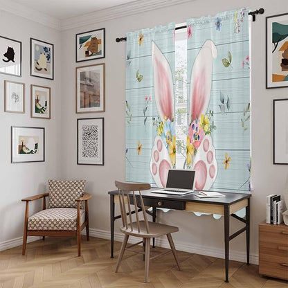 Easter Window Curtains 72 Inch Long 2 Panel Set, Rod Pocket Long Curtains & Drapes, Spring Rabbits Ears Feet Flowers Wooden Grain Light Filtering Window Treatment for Bedroom Living Room 52"W x 72"L