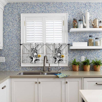 Grey Farmhouse Half Window Curtains 24 Inches Long, Vintage Sunflowers Animals Printed Window Treatment Curtain Drapes, Short Curtains Tiers for Kitchen Over Sink, 27.5"x24", 2 Panels