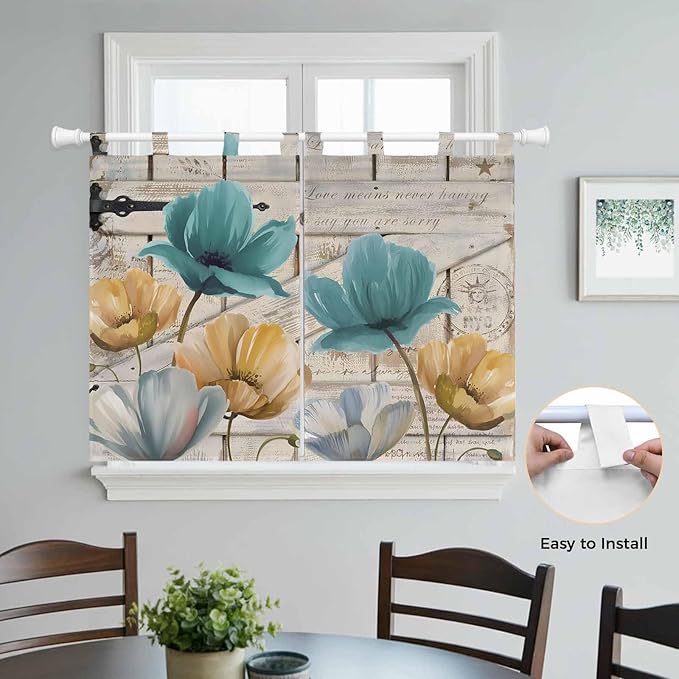 Watercolor Flowers Bedroom Curtains 63 Inch Length, Window Curtains Tab Top, Vintage Tulips Floral Barn Doors Wood Grain Light Filtering Window Treatments Drapes 42"x63" 2 Panel