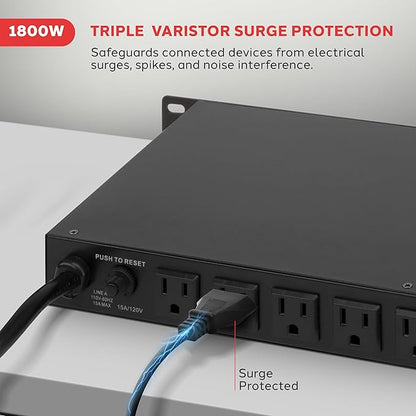 Pyle 1800W 8-Outlet Rack Mount Power Conditioner - 15 Amp Surge Protector with Noise Suppression - Rear Outlet for Multi Appliances - Triple Mode Protection - AC Power - for Home & Computer - PCO800
