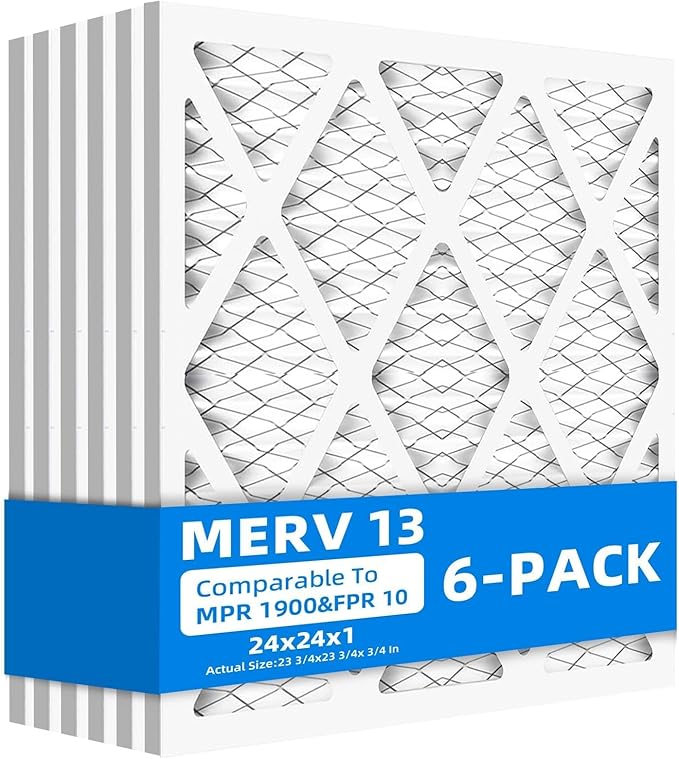(6 Pack) 24x24x1 Furnace Air Filters, MPR 1900 & FPR 10, MERV 13 Pleated Air Filter (Actual Size: 23.75"x23.75"x0.75")