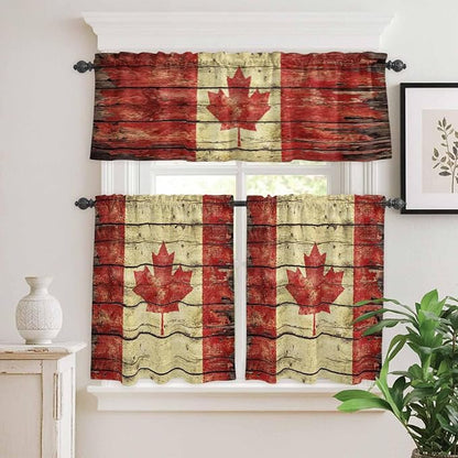 Kitchen Curtains Tiers and Valance Set of 3, Canada Light Filtering Window Curtain Set, Red Maple Leaf Flag Farmhouse Shabby Wooden Grain Rod Pocket Curtain Drapes for Living Room, 36 Inches Tiers