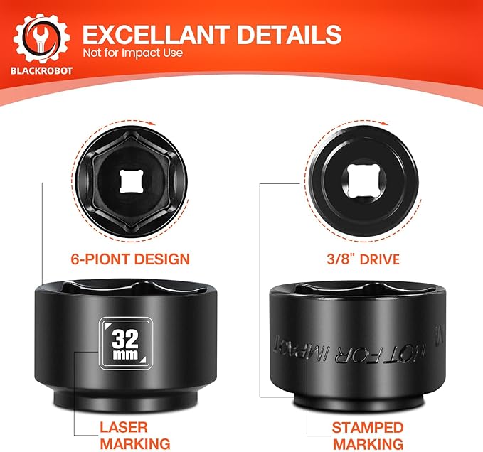BLACKROBOT 32mm Low Profile Oil Filter Socket, 3/8" Drive 6-Point Oil Filter Cap Remover and Installer Tool, Chrome Vanadium Steel