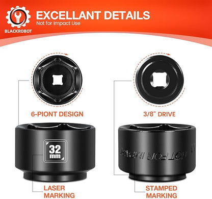 BLACKROBOT 32mm Low Profile Oil Filter Socket, 3/8" Drive 6-Point Oil Filter Cap Remover and Installer Tool, Chrome Vanadium Steel