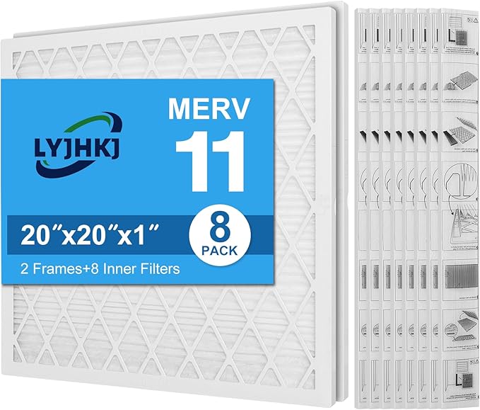 20x20x1 MERV 11 Air Filter, Quality AC/HVAC Furnace Filter，2 Reusable ABS Frame + 8 Pack Replaceable Filter Media，Breathe Fresher and Cost-effective