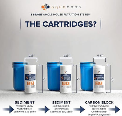 Aquaboon 3-Stage Whole House Water Filter System with 5 Micron 10x4.5 House Water Purification 2 Reducing Sediment and Carbon Chlorine Reduction Filter, Pressure Gauge, Wrench, Bracket