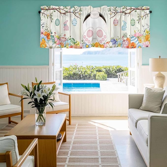 Easter Curtain Valances for Windows, Kitchen Valance Window Treatment, Spring Farmhouse Watercolor Bunny Eggs Wood Grain Light Filtering Block Curtains for Bathroom/Bedroom/Living Room 42'' x 12''