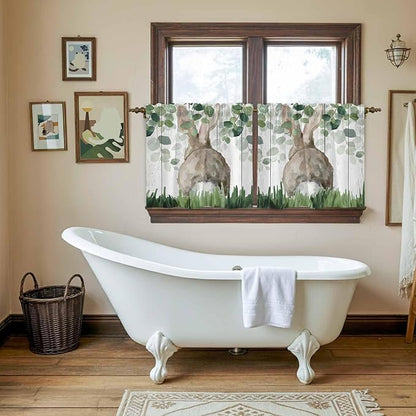 Easter Tier Curtains, Country Rabbit Botanical Leaves Wooden Grain Light Filtering Kitchen Curtains, 2Pcs Rod Pocket Half Window Treatments Panels for Sink Cafe Cabinet Camper 27.5x36 Inches