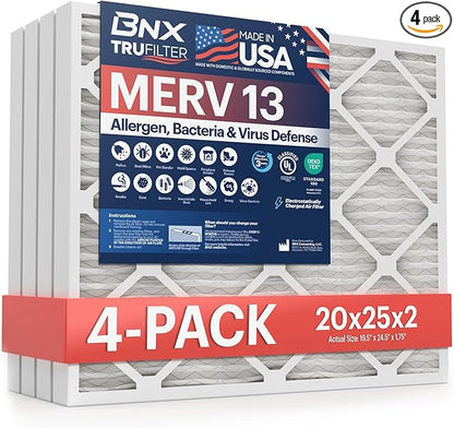 BNX TruFilter 20x25x2 MERV 13 (4-Pack) AC Furnace Air Filter - MADE IN USA - Electrostatic Pleated Air Conditioner HVAC AC Furnace Filters - Removes Pollen, Mold, Bacteria, Smoke