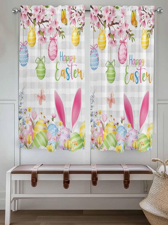 Happy Easter Living Room Curtains 72 Inches length, Spring Watercolor Bunny Eggs Flower Grey Plaid Window Treatment Curtain Drapes, Light Filtering Drapes for Bedroom Laundry Room, 52"x72", 2 Panels