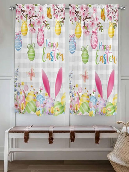 Happy Easter Living Room Curtains 72 Inches length, Spring Watercolor Bunny Eggs Flower Grey Plaid Window Treatment Curtain Drapes, Light Filtering Drapes for Bedroom Laundry Room, 52"x72", 2 Panels
