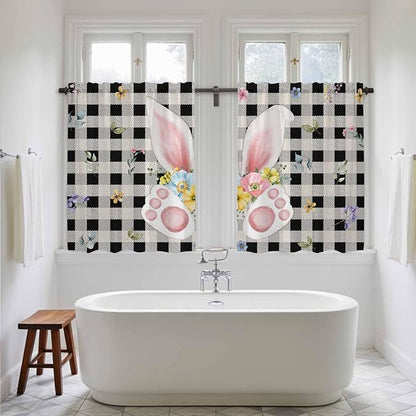 Easter Kitchen Tier Curtains 45 Inch Long 2 Panel Set,Rod Pocket Short Window Treatment,Spring Rabbits Ears Feet Wildflowers Black Plaid Light Filtering Curtains & Drapes for Bathroom 27.5"W x 45"L