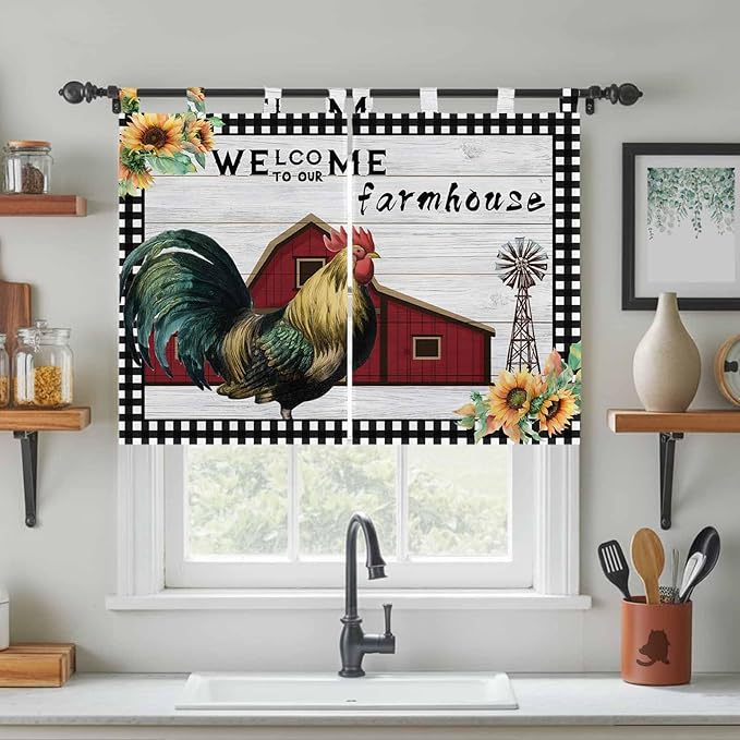 Farmhouse Rooster Kitchen Curtains 45 Inch Length, Short Cafe Window Curtains Tab Top, Rustic Red Barn Windmill Sunflowers Light Filtering Window Treatments Tier Drapes 27.5"x45" 2 Panel