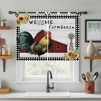 Farmhouse Rooster Kitchen Curtains 45 Inch Length, Short Cafe Window Curtains Tab Top, Rustic Red Barn Windmill Sunflowers Light Filtering Window Treatments Tier Drapes 27.5"x45" 2 Panel