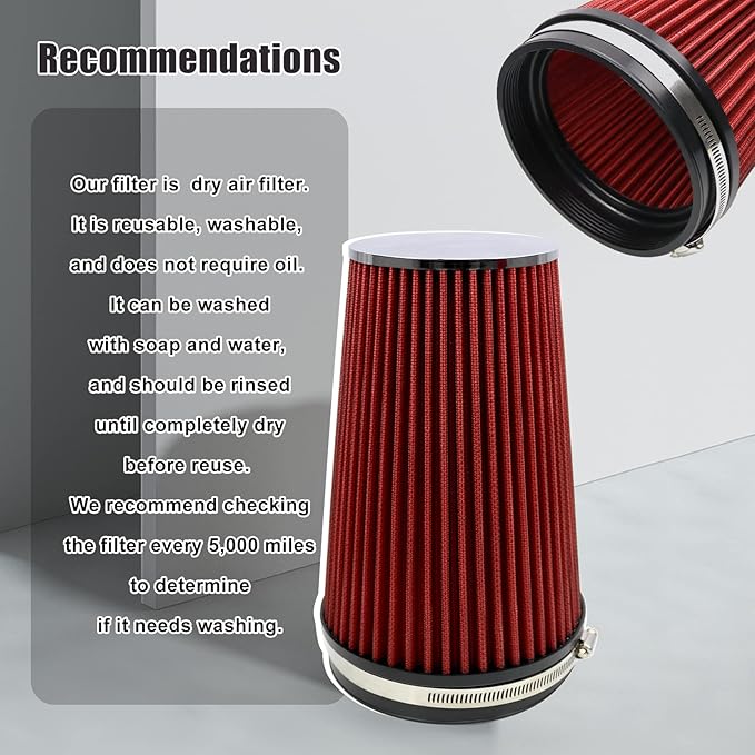 RYANSTAR RACING 152mm 6" High Flow Round Tapered Cone Closed-Top Washable Clamp-On Dry Air Filter Long 265mm tall