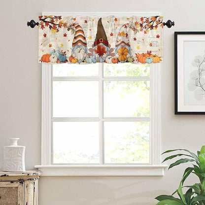 Fall Gnomes Kitchen Curtain Set, Thanksgiving Maple Leaf Rustic Pumpkin Window Valance and Tiers 24" Length, Light Filtering Short Curtains Valance for Cafe Bathroom Bedroom 54"x18"