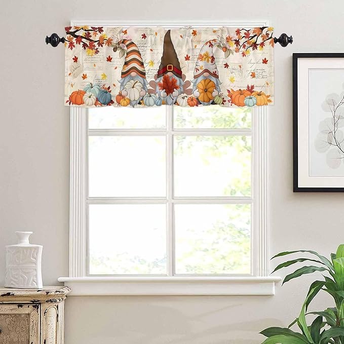 Fall Gnomes Kitchen Curtain Set, Thanksgiving Maple Leaf Rustic Pumpkin Window Valance and Tiers 36" Length, Light Filtering Short Curtains Valance for Cafe Bathroom Bedroom 54"x18"