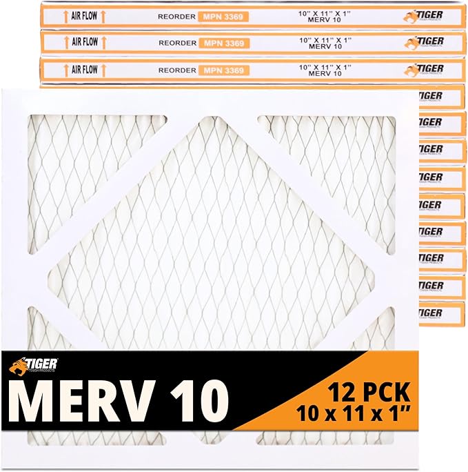 Tiger Tough MERV 10 Air Filters, 10x11x1 – MPR 1000 Pleated HVAC AC Furnace Filter Replacement for Home, Pack of 12