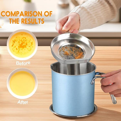 Chihee Stainless Steel Bacon Grease Saver - 2L / 67.6 fl oz Oil Container with Fine Mesh Strainer and Non-slip Tray for Kitchen Storing Frying Cooking Grease