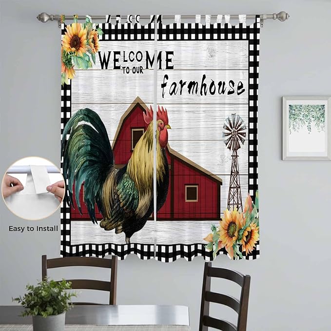 Farmhouse Rooster Living Room Curtains 96 Inch Length, Window Curtains Tab Top, Rustic Red Barn Windmill Sunflowers Light Filtering Window Treatments Drapes 52"x96" 2 Panel
