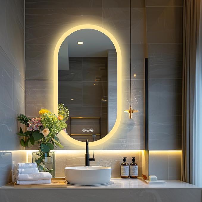 LUVODI Lighted LED Bathroom Mirror: 40x20IN Oval Anti-Fog Dimmable Wall Mounted Makeup Mirror with Backlit - Illuminated 3 Colors Vanity Mirrors with Demister Pad Smart Touch Switch Memory Foam