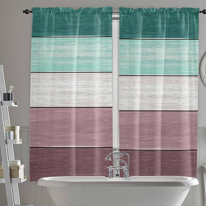 Retro Farm Woodcuts Texture Window Valance Curtains, Green Brown Gradient Light Filtering Kitchen Valance with 3-inch Rod Pocket for Living Room Bathroom Bedroom,2 Panel,52x72In