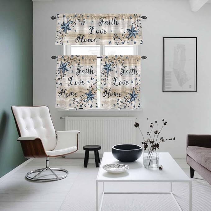 Vintage Country Kitchen Curtains Set 3 Piece for Windows,Rod Pocket Valance and Tier Set 36 Inch Length,Blue Rustic Texas Star Vines Wooden Grain Light Filtering Cafe Curtains for Living Room