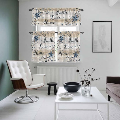 Vintage Country Kitchen Curtains Set 3 Piece for Windows,Rod Pocket Valance and Tier Set 24 Inch Length,Blue Rustic Texas Star Vines Wooden Grain Light Filtering Cafe Curtains for Living Room