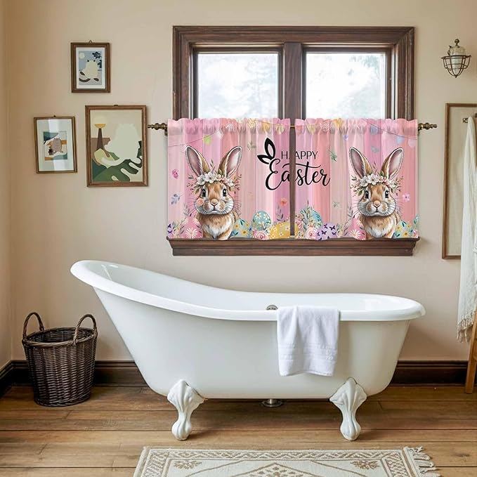 Easter Tier Curtains, Spring Rabbit Eggs Flowers Flags Leaves Wood Grain Light Filtering Kitchen Curtains, 2Pcs Rod Pocket Half Window Treatments Panels for Sink Cafe Cabinet Camper 27.5x24 Inches