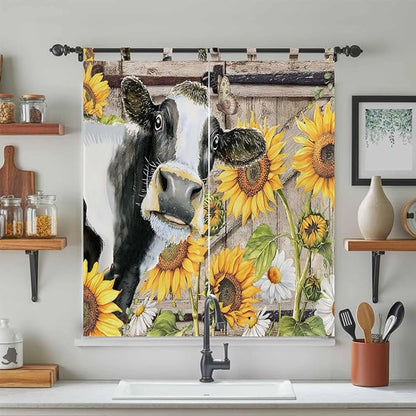 Retro Farmhouse Flower Living Room Curtains 84 Inch Length, Window Curtains Tab Top, Yellow Sunflowers Cow Barn Doors Brown Light Filtering Window Treatments Drapes 42"x84" 2 Panel