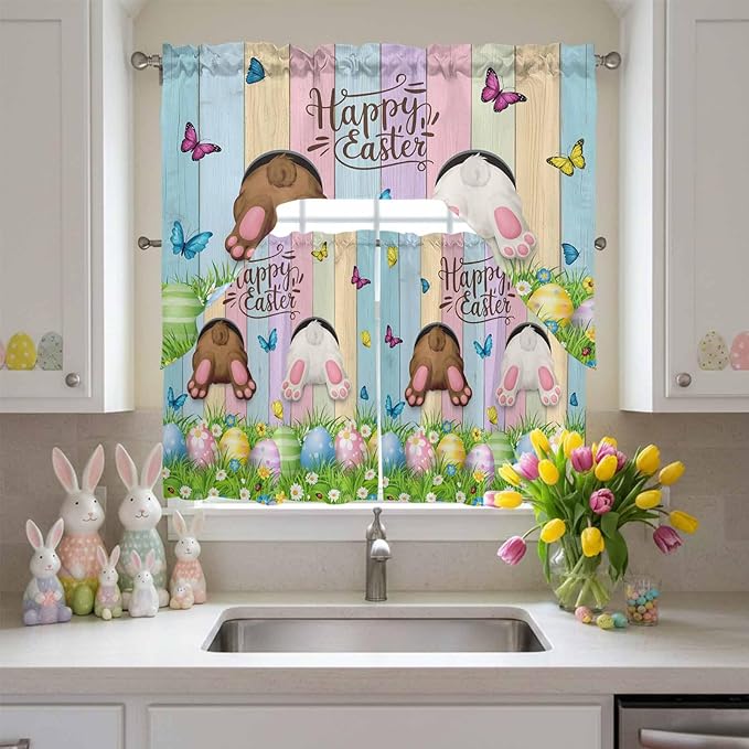 Swag Valance Curtains, Happy Easter Rabbit Butt Egg on Daisy Leaf Rod Pocket Valances Swag Topper for Kitchen Windows, Bufferfly on Wood Barn Light Filtering Short Curtain for Bedroom Bathroom 56x36In