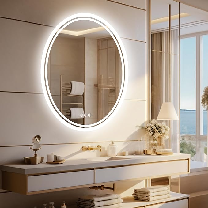 LUVODI Lighted LED Bathroom Mirror: 28”x20” Oval Anti-Fog Dimmable Wall Mounted Makeup Mirror with Backlit - Modern Vanity Mirrors with Demister Pad Smart Touch Switch Sensor Memory Function